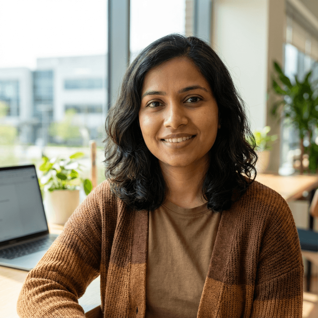 Anita Sharma smiling confidently in a modern office setting