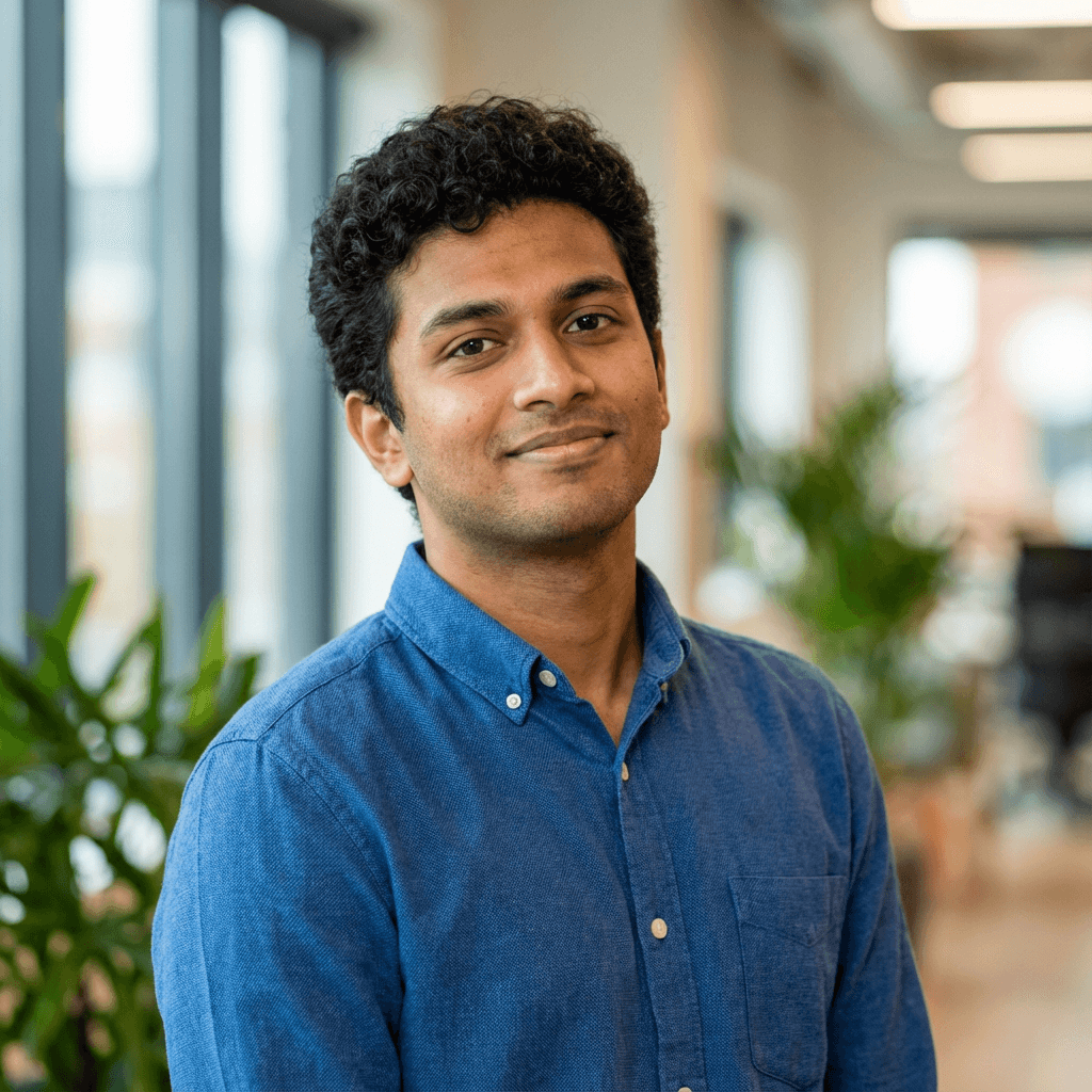 male South Asian professional in his 30s looking thoughtful in a modern office