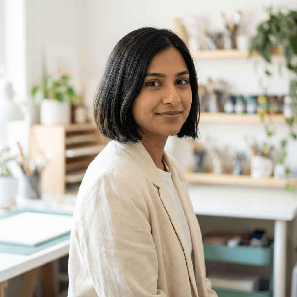 female South Asian professional in her 20s standing in a bright environment