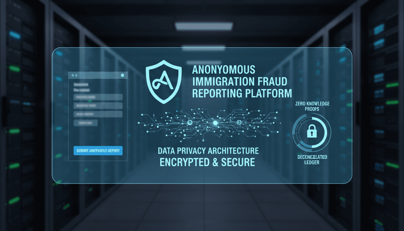 digital interface showing anonymous fraud reporting with secure data encryption icons on a dark blue background